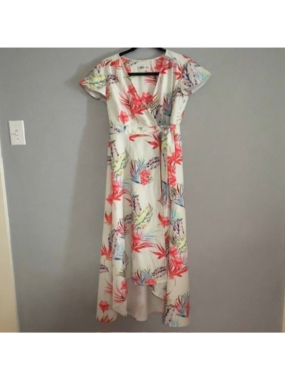 Bollie XS Tropical Floral Print Maxi Wrap Dress Fun Flutter Sleeve Resort Vacay
